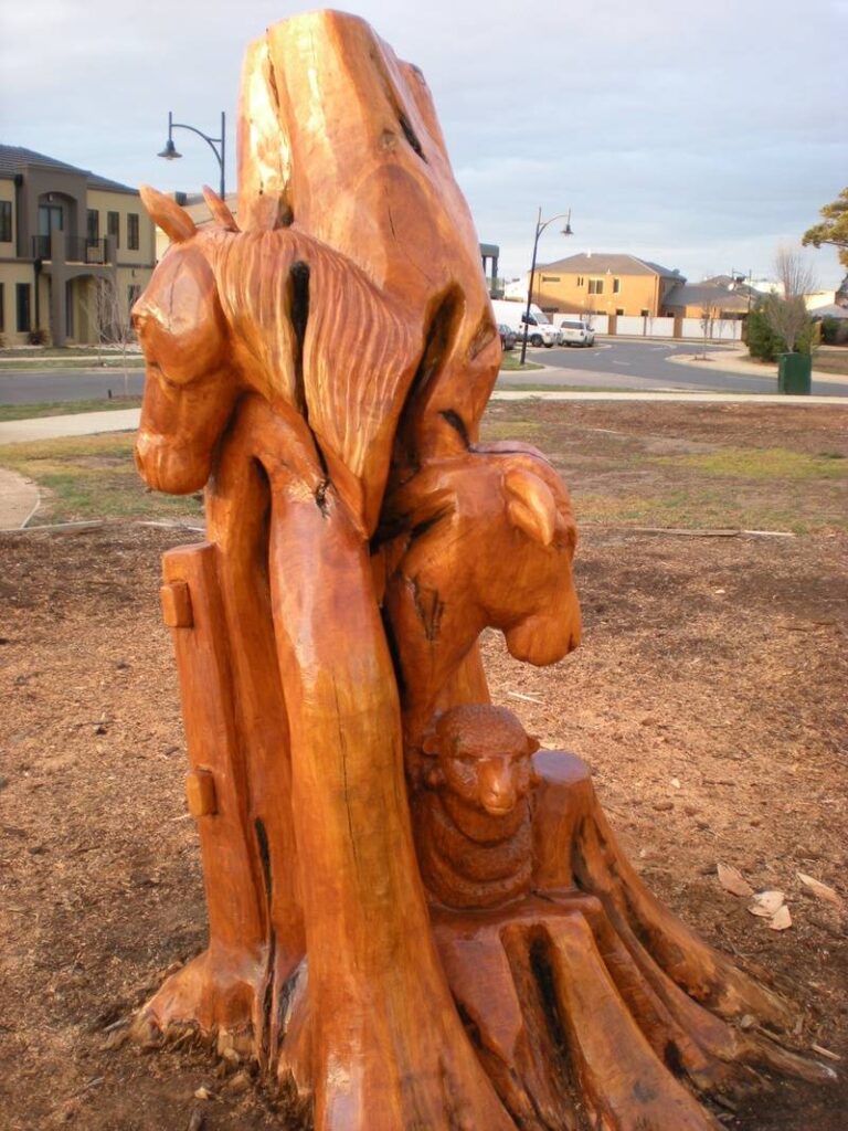 Settlement life in Caroline Springs area carved by John Brady using Chainsaws - view 2