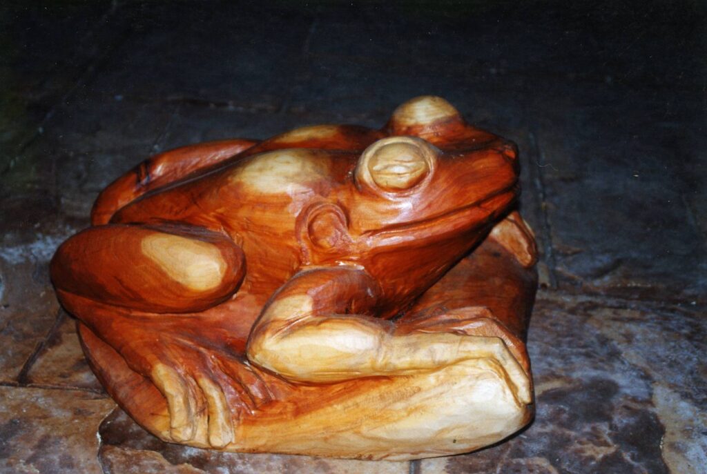 An oversize Tree Frog statue carved with a chainsaw by John Brady